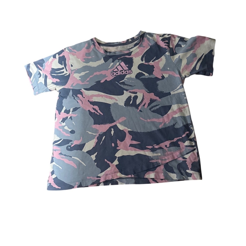 Adidas Girls Camo Cropped T-Shirt Size Large (14) Blue Pink Crossover Wrap Hem